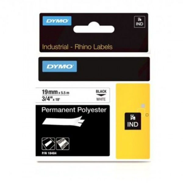 Picture of Dymo RHINO 18484 permanent polyester black on white 19mm